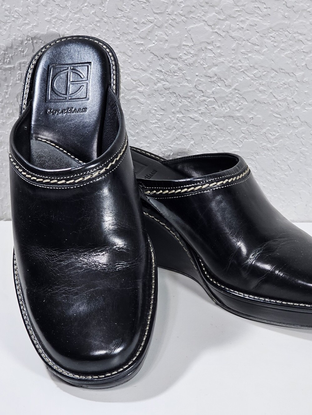 Cole Haan Black Leather Wedge Mules Slip On Shoes Women's Size 7